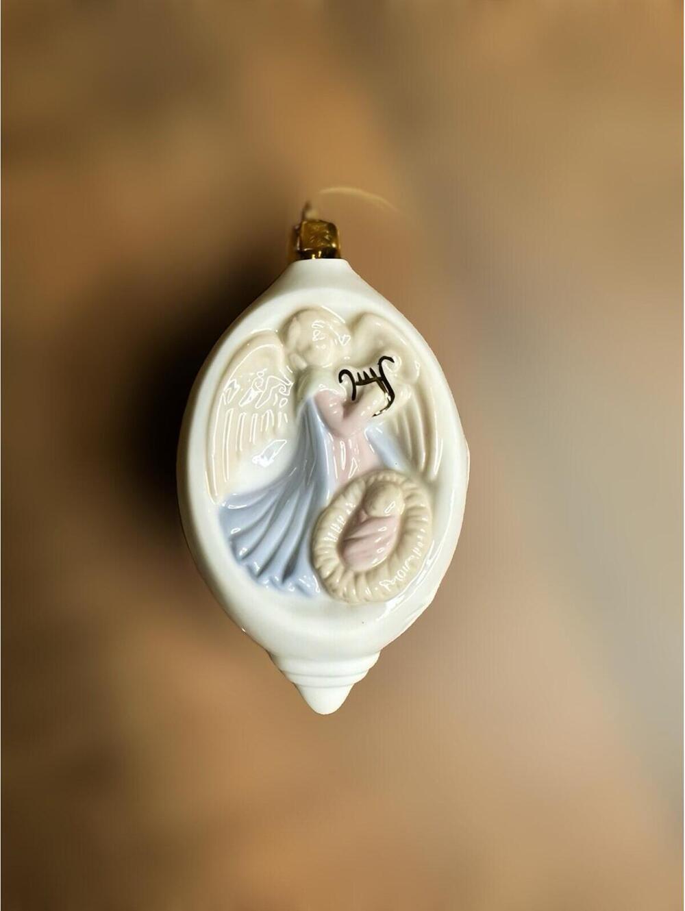 Vintage Russ Porcelain Angel Christmas Ornament with Harp and Wreath